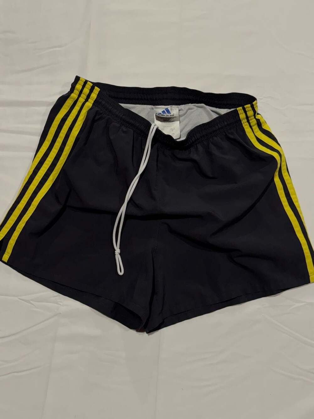 Adidas Vintage 1990s Navy Blue and Yellow Three-Stripe Athletic Shorts